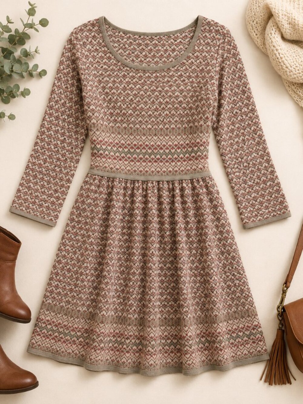 Sophie Max Fit & Flare Dress Women's Medium Geometric Print Long Sleeve Stretch